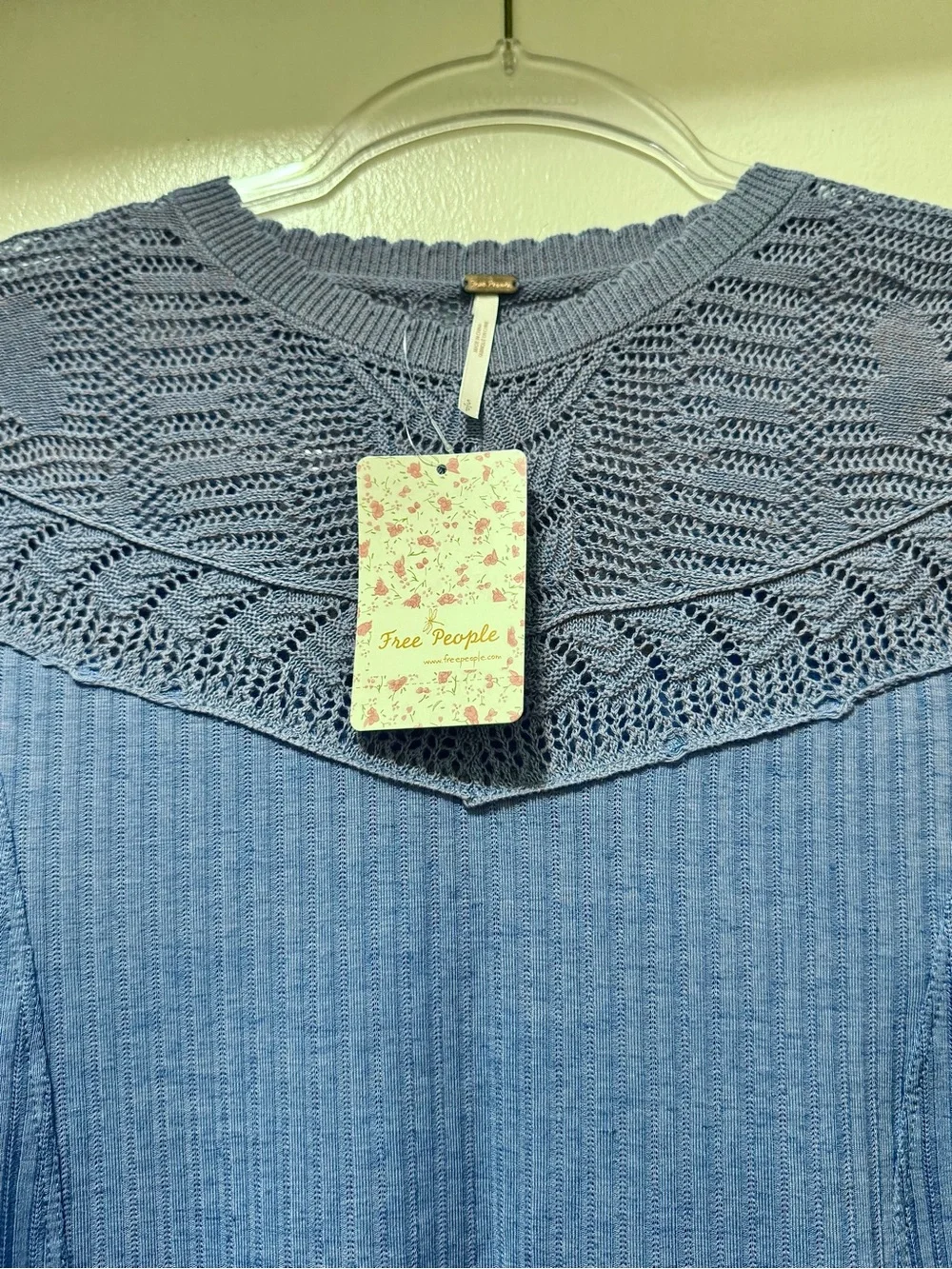 Free People Sky Blue Crochet Yoke Long Sleeve Tee